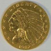 Bright-looking 1912 US $2.50 Indian Gold Piece. Nice