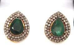 Glittering Teardrop Emerald Earrings with Gold Plated Silver and Diamond Accents