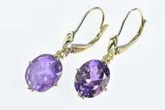 14K Yellow Gold Oval Amethyst Vintage Dangle Ornate Earrings
