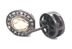 Oval Dark Silver Mine Cut Diamond Earrings with Diamond Accents