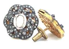 Intricate Rustic Floral Design Mine Cut Diamond Earrings with Dark Silver and Diamond Accents