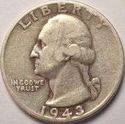 1943 Double Die Obverse Washington Quarter, Circulated.