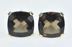 14K Yellow Gold Cushion Smoky Quartz Solitaire Stud Earrings