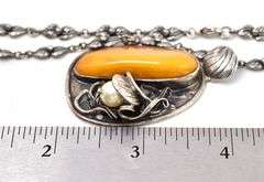 Butterscotch Amber and Pearl Necklace in Sterling Silver