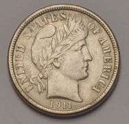 1911 Barber Dime, Circulated.