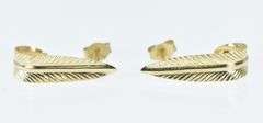 14K Yellow Gold Leaf Feather Curved Vintage Stud Earrings