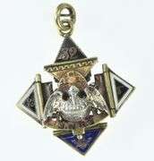 14K Yellow Gold 32 Degr. Masonic Enamel Articulated Eagle Pendant