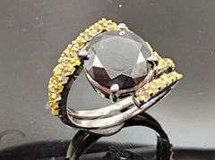 14 Kt White Gold Plated 4 Ct Black Moissanite and Natural Yellow Diamond Engagement Ring