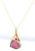 14kt Yellow gold watermelon Tourmaline freeform pendant on chain necklace