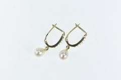 14K Yellow Gold Vintage Oval Resin Dotted Pearl Hoop Earrings