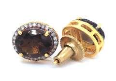 Regal Sepia Quartz Earrings with Gold Plated Silver and Diamond Accents