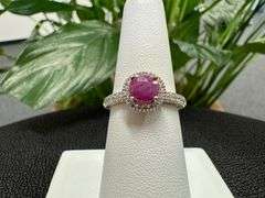 10k Yellow Gold Natural Ruby Gemstone Ring with White CZ Halo Size 7