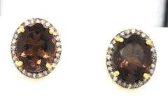 Regal Sepia Quartz Earrings with Gold Plated Silver and Diamond Accents