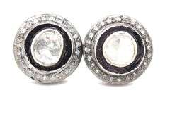 Round Mine Cut Dark Silver Earrings with Diamond Accents