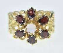 14K Yellow Gold Opal Garnet Halo Cocktail Heart Filigree Ring