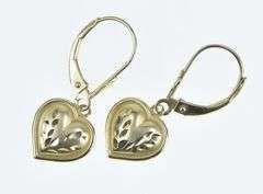 14K Yellow Gold Diamond Cut Heart Love Symbol Dangle Earrings
