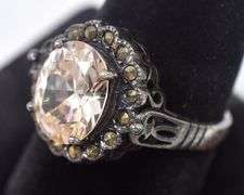 Champaign Colored CZ and Marcasite Gemstone Ring in Sterling Silver