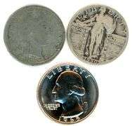 Three Different Types of US Quarters: 1899, 1930, & 1965
