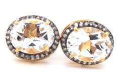 Bright Gold Plated Silver Earrings with Large Quartz and Diamond Accents