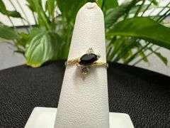 14k Yellow Gold Sideways Marquise Natural Black Onyx Ring Size 5