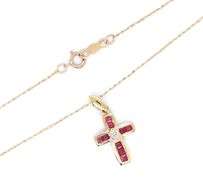 10kt Yellow gold Ruby and diamond accent cross pendant on chain necklace