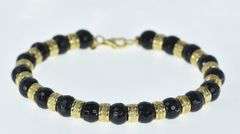 14K Yellow Gold Faceted Black Onyx Banded Bead Bracelet