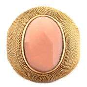 Oval Coral Cabochon Bezel Set Domed Ring in 18K