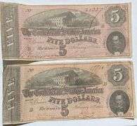 2 Red Feb 17 1864 $5 Confederate States Note.