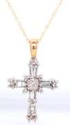 14kt Yellow gold baguette and round diamond cross pendant on chain