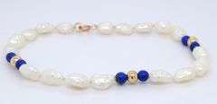Set of Pearl bead and Lapis necklace and bracelet