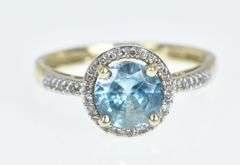 14K Yellow Gold Blue Topaz Diamond Halo Vintage Statement Ring