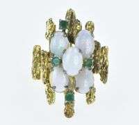 14K Yellow Gold Opal Emerald Layered Cluster Cocktail Ring