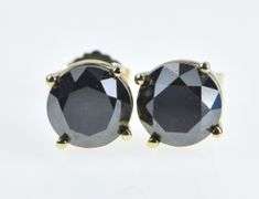 14K Yellow Gold Round Hematite Faceted Stud Vintage Earrings