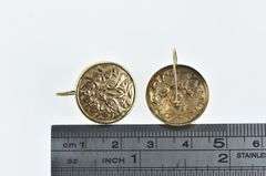 14K Yellow Gold High Relief Floral Dove Round Dangle Earrings