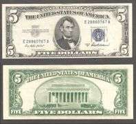 $5 1953-A Silver Certificate blue seal and serial numbers AU