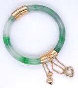 14kt Yellow gold Jade and diamond accent hinged bangle bracelet
