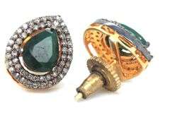 Glittering Teardrop Emerald Earrings with Gold Plated Silver and Diamond Accents