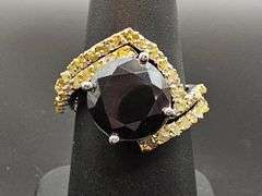 14 Kt White Gold Plated 4 Ct Black Moissanite and Natural Yellow Diamond Engagement Ring