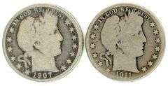 Two Different Barber Silver Half Dollars: 1907-D & 1911-S