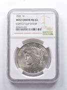 Error MS62 1922 Peace Silver Dollar Curved Clip @ 8:00 NGC