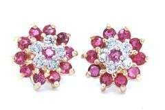 14kt Yellow gold Ruby and diamond flower earrings