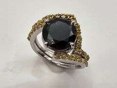14 Kt White Gold Plated 4 Ct Black Moissanite and Natural Yellow Diamond Engagement Ring