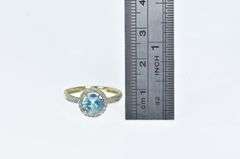 14K Yellow Gold Blue Topaz Diamond Halo Vintage Statement Ring
