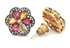 Stunning Polychromatic Petal Quartzes Silver Earrings with Diamond Accents