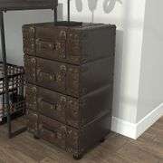 Vintage Black Leather 4-Drawer Storage Chest with Gold Studs