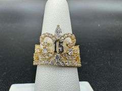 10k Yellow Gold White CZ Quinceanera 15 Anos Birthday Tiara Princess Fleur De Lis Ring Size 7
