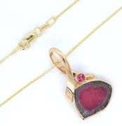 14kt Yellow gold watermelon Tourmaline freeform pendant on chain necklace