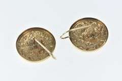 14K Yellow Gold High Relief Floral Dove Round Dangle Earrings