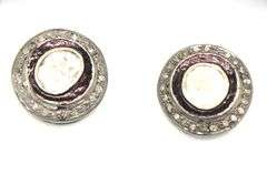 Round Mine Cut Dark Silver Earrings with Diamond Accents