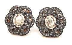 Intricate Rustic Floral Design Mine Cut Diamond Earrings with Dark Silver and Diamond Accents